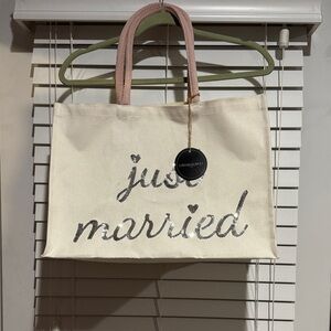 Cream 'Just Married' Tote Bag with Pink Handles